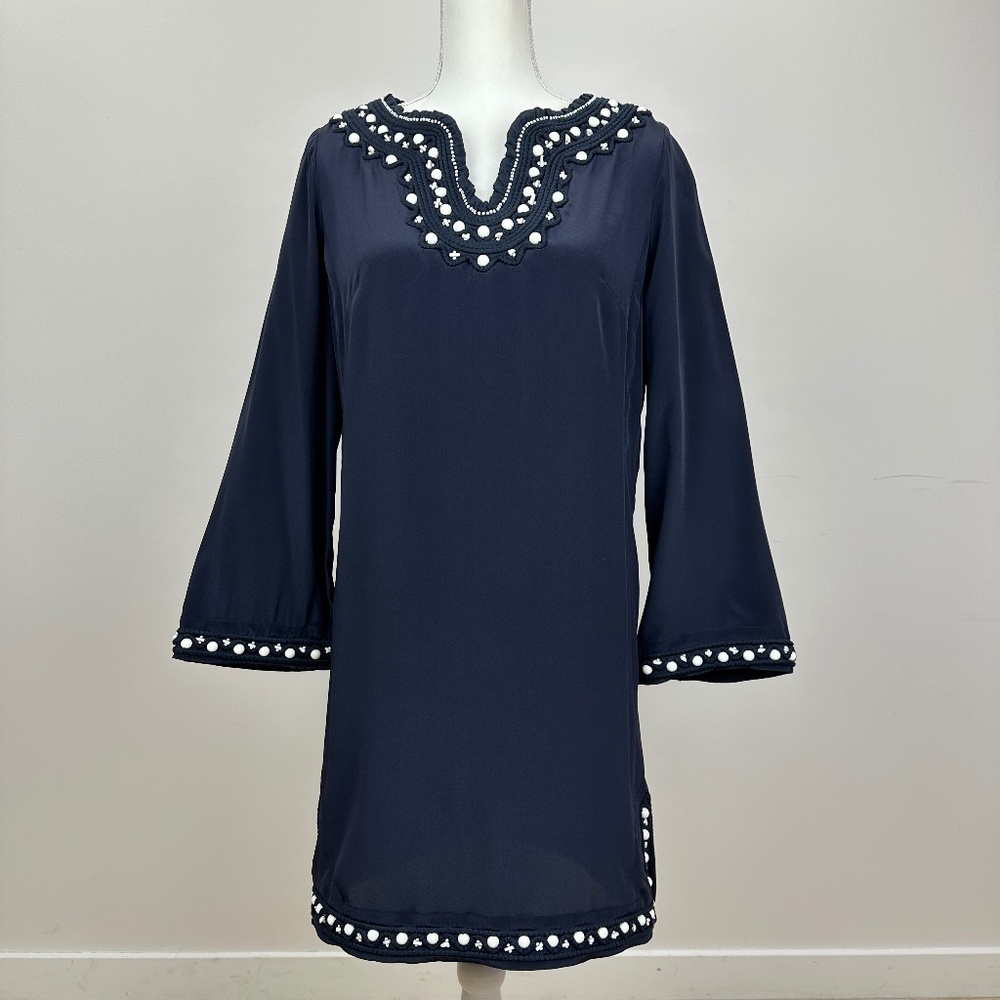 Milly Silk Dress Embroidered Beaded Size 6 Navy Blue Long Sleeve V Neck Boho .